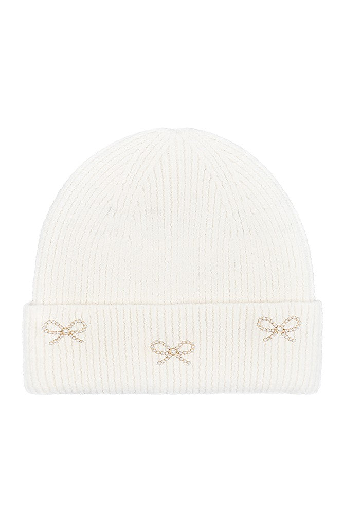 Pearl Bow Cuffed Beanie