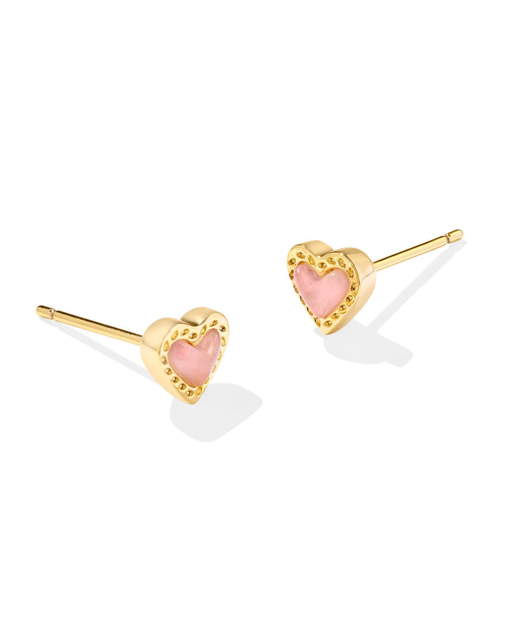 Kendra Scott Mini Ari Heart Gold Stud Earrings in Rose Quartz