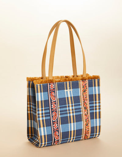 Spartina 449 Fringe Box Tote Kalalanta Plaid Navy