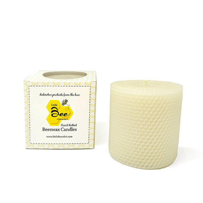 Little Bee of CT 4 x 4 Inch Hand Rolled Beeswax Pillar Candle