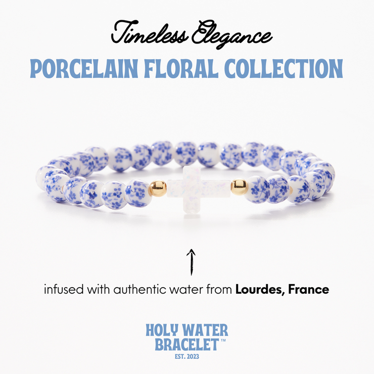 Holy Water Porcelain Floral Bead Cross Bracelet