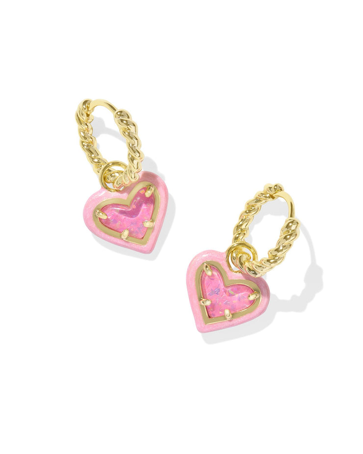 Kendra Scott Ari Heart Gold Enamel Frame Huggie Earrings in Pink Iridescent Glitter Glass