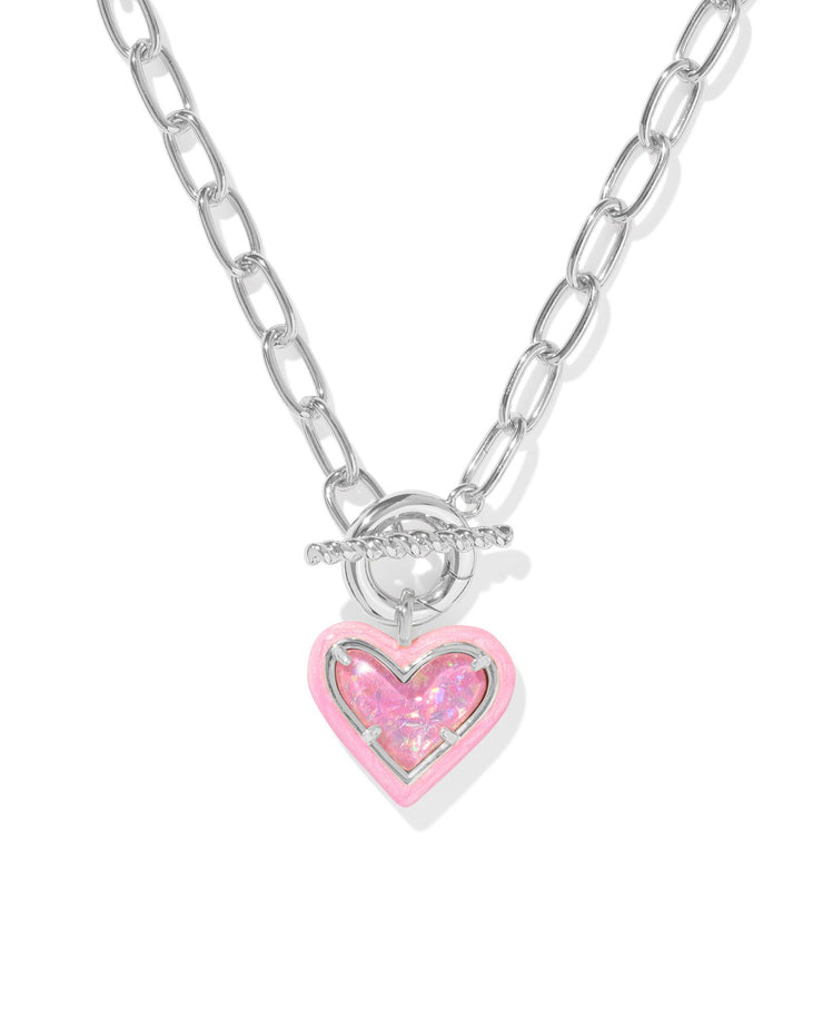 Kendra Scott Ari Heart Silver Enamel Frame Link and Chain Necklace in Pink Iridescent Glitter Glass