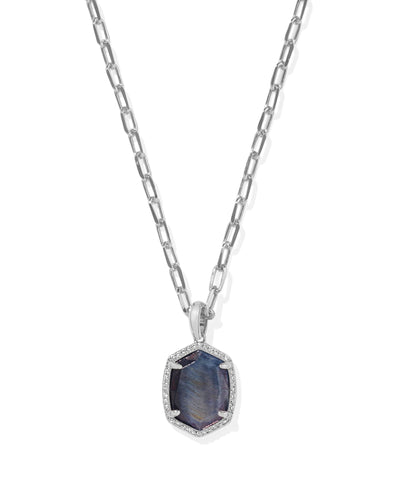 Kendra Scott Daphne Silver Pave Frame Necklace in Navy Tiger's Eye