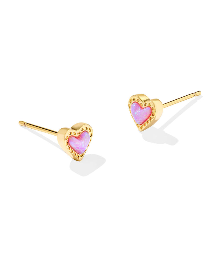 Kendra Scott Mini Ari Heart Gold Stud Earrings in Bubblegum Pink Kyocera Opal