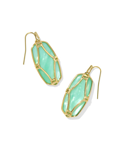 Kendra Scott Elle Lattice Frame Gold Drop Earrings in Light Green Mother of Pearl