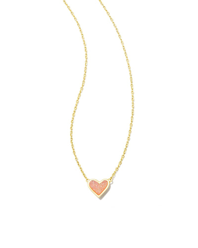 Framed Ari Heart Gold Short Pendant Necklace in Light Pink Drusy