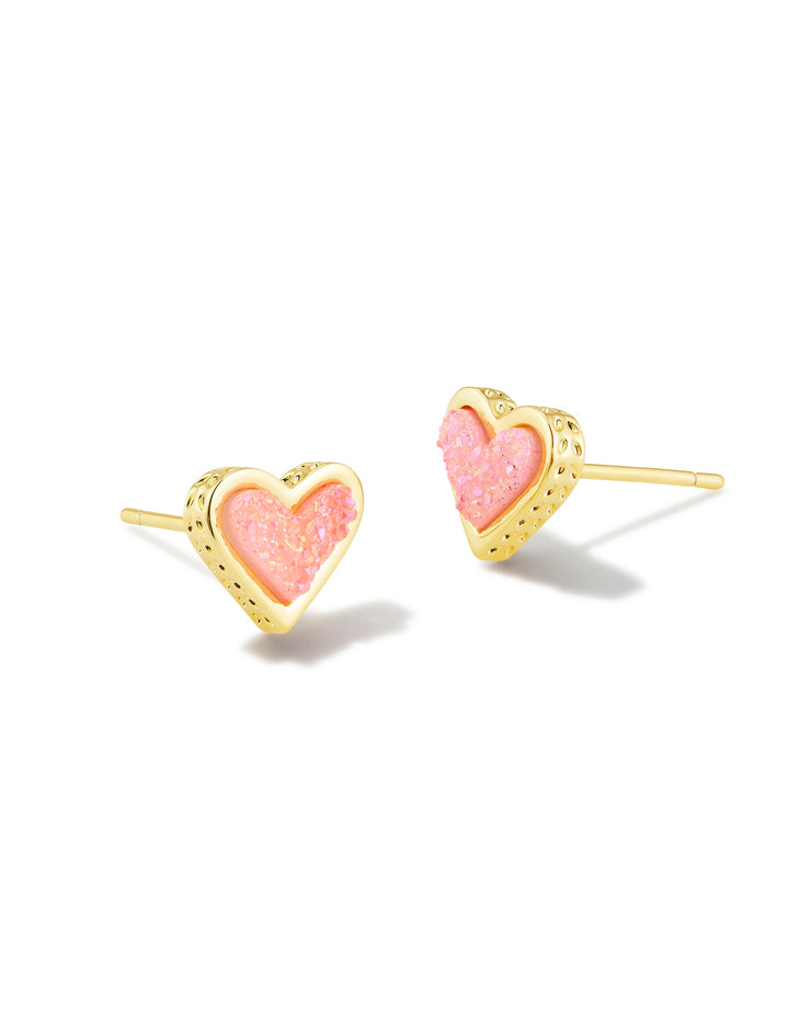 Framed Ari Heart Gold Studs in Light Pink Drusy